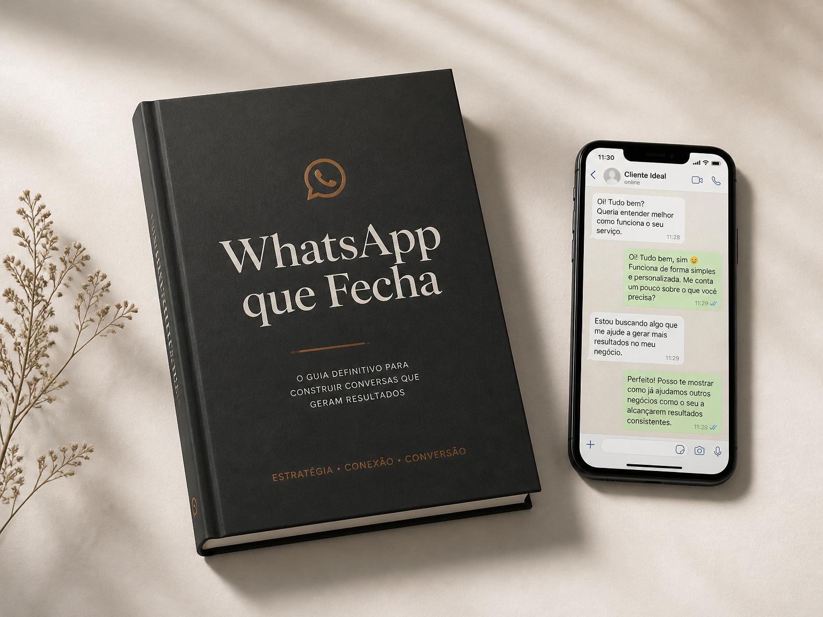 Ebook WhatsApp que Fecha ao lado de um celular exibindo uma conversa
